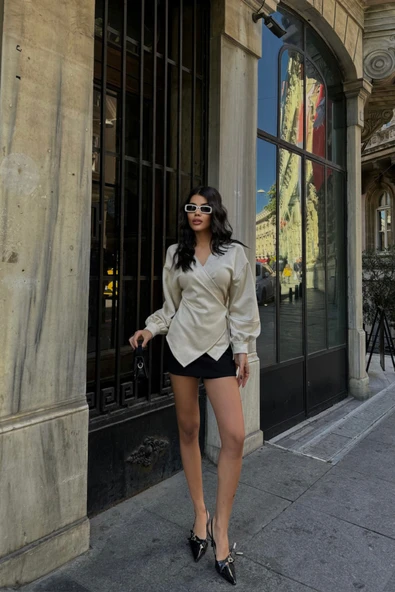 SÜET KRUVAZE BLUZ BAĞLAMA DETAYLI - Taş - Resim 4