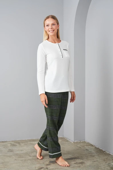 Pjs 24561 Yeşil Uzun Kollu Ekoseli Kadın Pijama Takımı - Resim 2