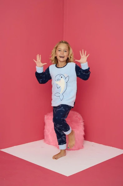 Pijamood 4176 Mavi Polar Uzun Kollu Kız Çocuk Pijama Takımı - Resim 2