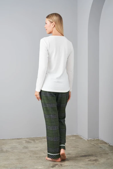 Pjs 24561 Yeşil Uzun Kollu Ekoseli Kadın Pijama Takımı - Resim 4