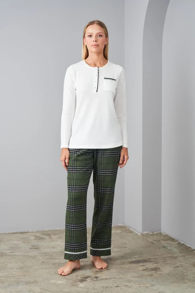Pjs 24561 Yeşil Uzun Kollu Ekoseli Kadın Pijama Takımı ürün görseli 1