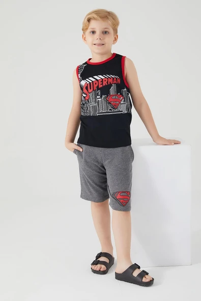 Looney Tunes Superman 1563 Siyah Renk Erkek Çocuk Bermuda Pijama Takımı ürün görseli 1