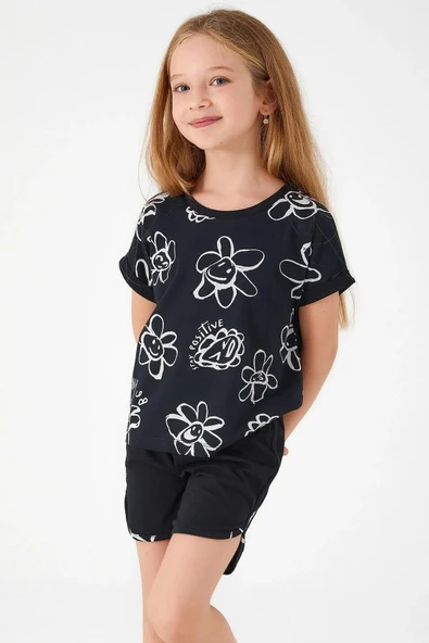 ARNETTA KISA KOLLU PAMUKLU LIZ ÇOCUK ŞORT TAKIM SİYAH - Resim 3