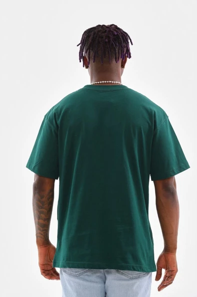 Unisex Oversize Düz Bisiklet Yaka T-Shirt - Koyu Yeşili - Resim 4