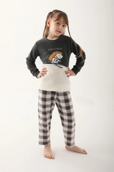 Arnetta Antrasit Renk Anne Kız Garson Polar Pijama Takımı - Resim 2