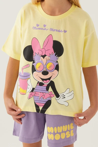 Minnie Mouse 4888 Pamuklu Kısa Kollu Kız Çocuk Şort Takım SARI - 3