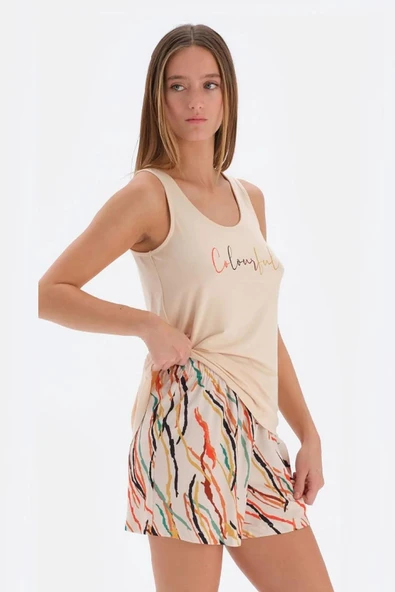 Eros 33562 Pamuklu Kalın Askılı Kadın Şortlu Pijama Takımı BEJ ürün görseli 1