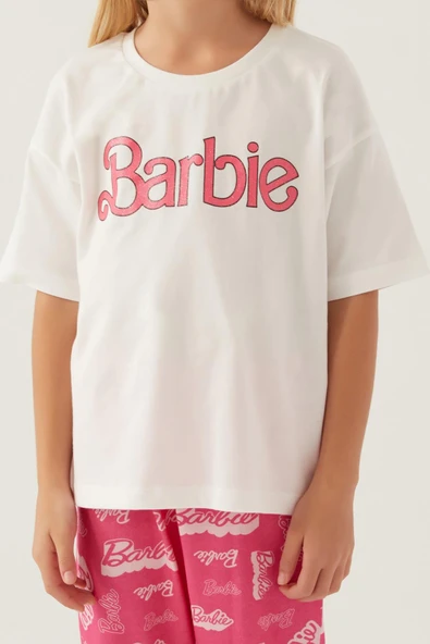Barbie 1704 Pamuklu Anne Kız Kısa Kollu Kız Çocuk Pijama Takımı Beyaz - Resim 4