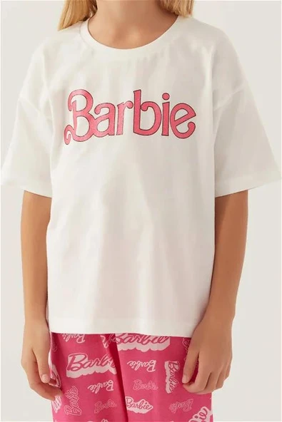 Barbie 1704 Pamuklu Anne Kız Kısa Kollu Kız Çocuk Pijama Takımı PEMBE - Resim 4