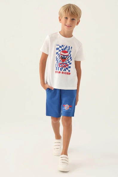 Roly Poly 3331 Pamuklu Kısa Kollu Erkek Çocuk Bermuda Takım Beyaz ürün görseli 1