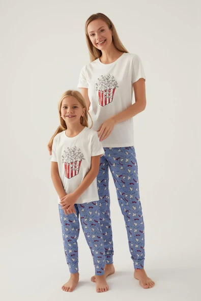Roly Poly 3415 Pamuklu Anne Kız Kısa Kollu Garson Pijama Takımı Beyaz - 1