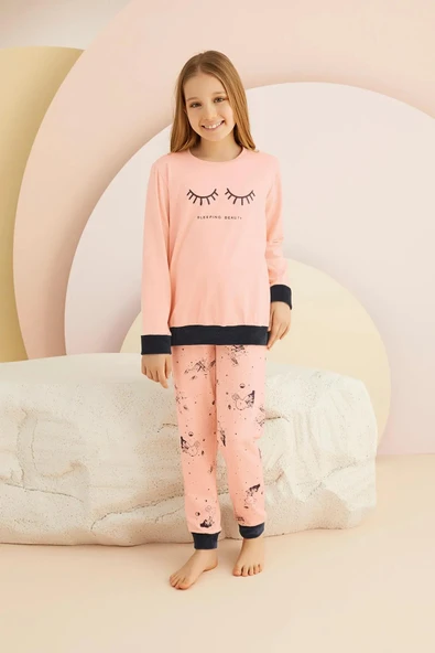 Zeyzey 8440 Pudra Renk Kız Çocuk Baskılı Pijama Takımı - 1