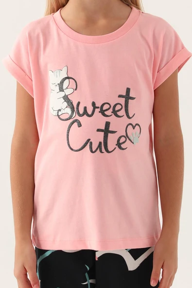 Roly Poly 3399 Pamuklu Anne Kız Kısa Kollu Kız Çocuk Pijama Takımı PEMBE - Resim 3