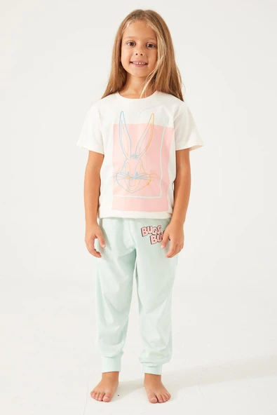 Looney Tunes 1565 Pamuklu Kısa Kollu Kız Çocuk Pijama Takımı KREM - 1