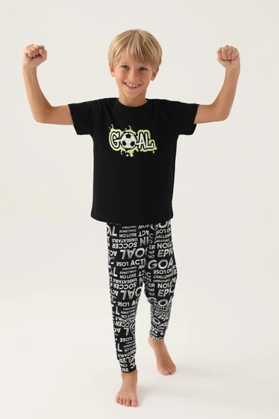Roly Poly 3344 Pamuklu Kısa Kollu Erkek Çocuk Pijama Takımı SİYAH - 1