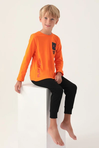 Roly Poly 3338 Pamuklu Uzun Kollu Erkek Garson Pijama Takımı TURUNCU - Resim 3