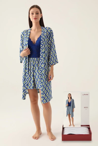 Arnetta 2933 Sabahlıklı Büstiyerli Kadın 3'lü Şort Takım SAKS ürün görseli 1