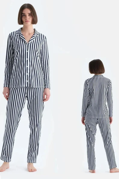 Eros 33600 Pamuklu Gömlek Yaka Önden Düğmeli Çizgili Kadın Pijama Takımı LACİVERT - 2
