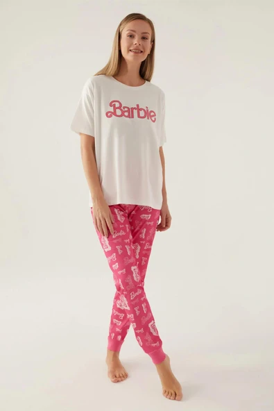 Barbie 1704 Pamuklu Anne Kız Kısa Kollu Kadın Pijama Takımı Beyaz - Resim 2