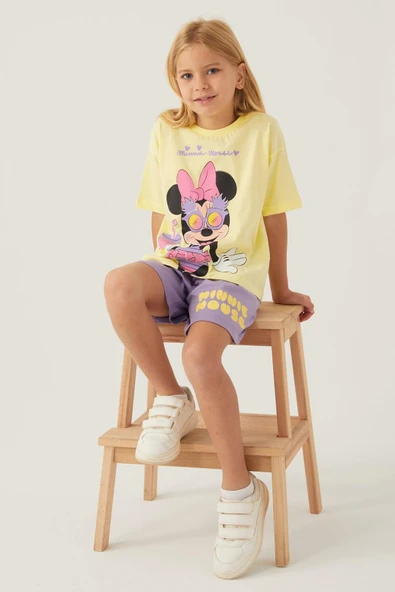 Minnie Mouse 4888 Pamuklu Kısa Kollu Kız Çocuk Şort Takım SARI - 2