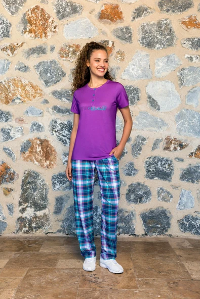 Dorenase 4008 Mor Ekoseli Modal Kısa Kollu Kadın Pijama Takımı MOR ürün görseli 1