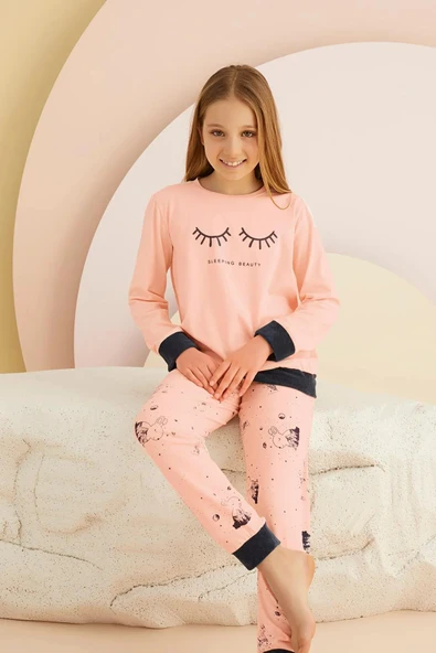 Zeyzey 8440 Pudra Renk Kız Çocuk Baskılı Pijama Takımı - 3