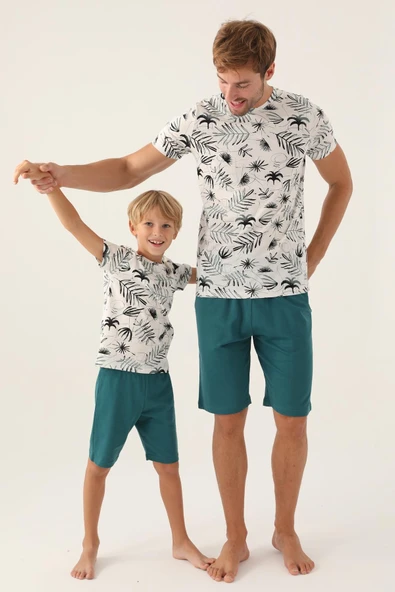 Arnetta 2985 Pamuklu Baba Oğul Kısa Kollu Erkek Bermuda Takım Beyaz ürün görseli 1