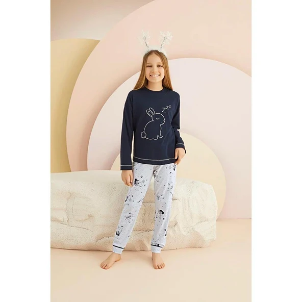 Zeyzey 8339 Lacivert Renk Kız Çocuk Nakışlı Pijama Takımı - Resim 3