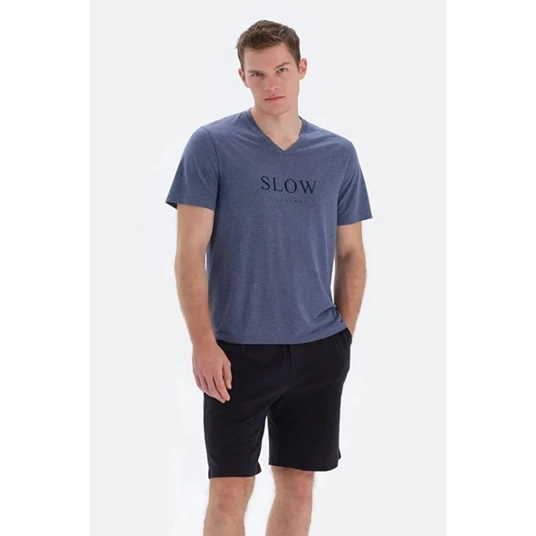 Eros 33024 Pamuklu V Yaka Kısa Kollu Erkek Pijama Takımı İNDİGO ürün görseli 1