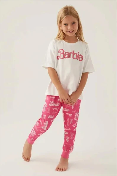 Barbie 1704 Pamuklu Anne Kız Kısa Kollu Kız Çocuk Pijama Takımı PEMBE - Resim 2