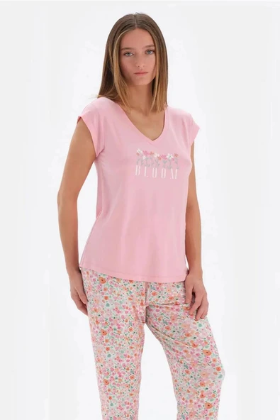 Eros 33510 Pamuklu Kısa Kollu V Yaka Kadın Pijama Takımı PEMBE ürün görseli 1