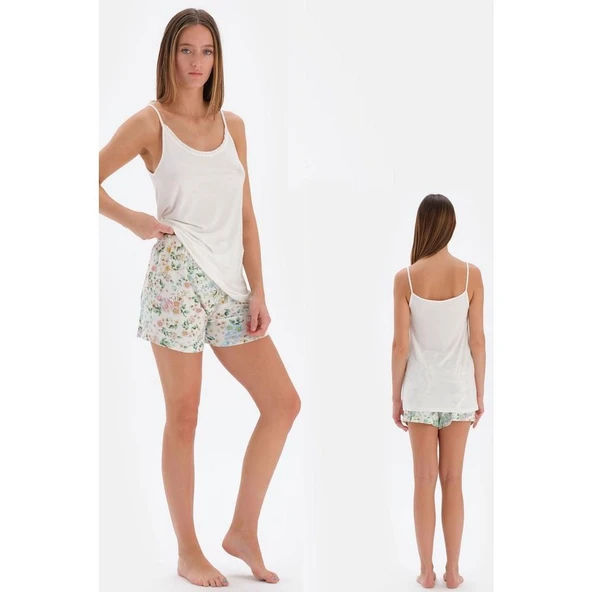 Eros 33572 Pamuklu İp Askılı Kadın Şortlu Pijama Takımı Beyaz - Resim 2