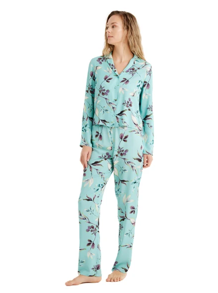 Blackspade 51662 Dokuma Uzun Kollu Kadın Gömlek Pijama Takımı Mint - 3