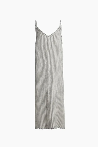 İki Kız Çizgili Keten Askılı Elbise KREM - Resim 2