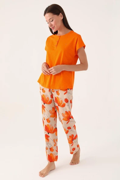 Pierre Cardin 8812  Kadın Kısa Kollu Pijama Takımı TURUNCU - Resim 2