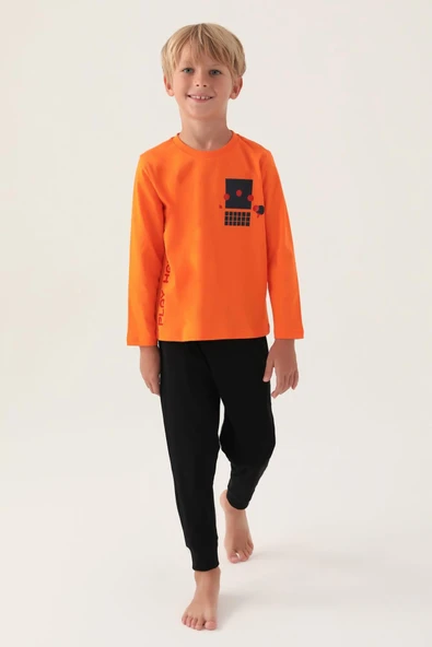 Roly Poly 3338 Pamuklu Uzun Kollu Erkek Garson Pijama Takımı TURUNCU ürün görseli 1