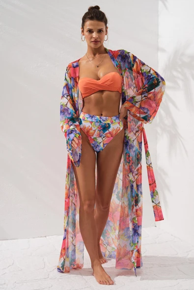 Pierre Cardin Belden Bağlamalı Uzun Kimono Coral 231812-D Violet 1 - Resim 3