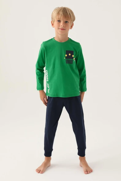 Roly Poly 3338 Pamuklu Uzun Kollu Erkek Çocuk Pijama Takımı YEŞİL - Resim 3