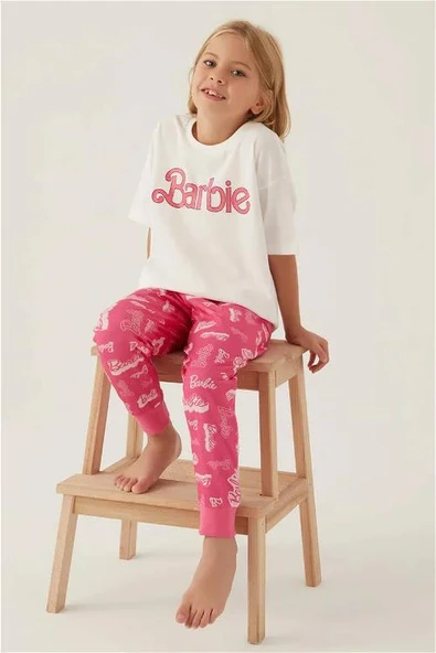 Barbie 1704 Pamuklu Anne Kız Kısa Kollu Kız Çocuk Pijama Takımı PEMBE - Resim 3