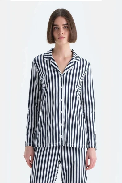 Eros 33600 Pamuklu Gömlek Yaka Önden Düğmeli Çizgili Kadın Pijama Takımı LACİVERT