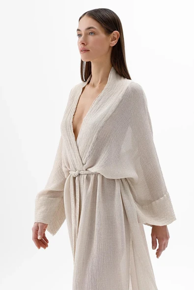 İki Kız Crinkle Bambu Vizon Kimono KREM - Resim 4