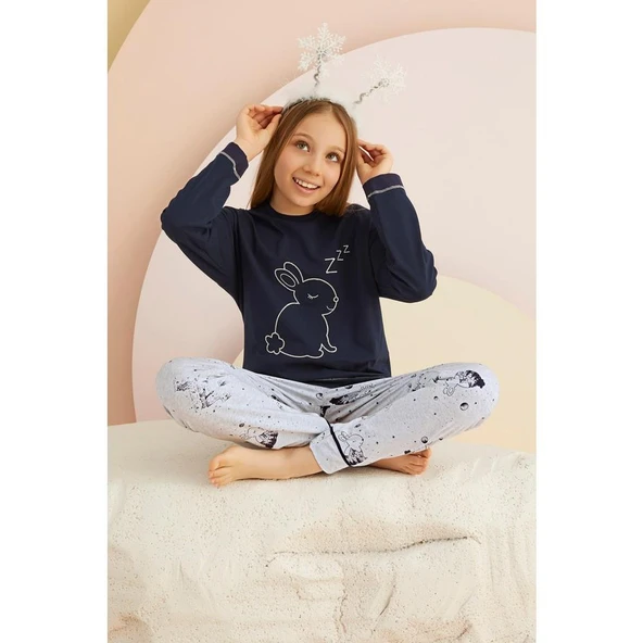 Zeyzey 8339 Lacivert Renk Kız Çocuk Nakışlı Pijama Takımı ürün görseli