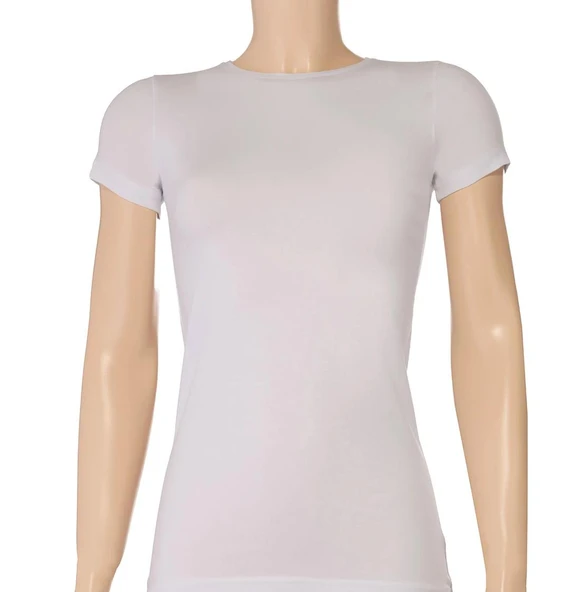 Yıldız 2140 Beyaz Likralı Yuvarlak Yaka Kısa Kollu Kadın T-Shirt - 2
