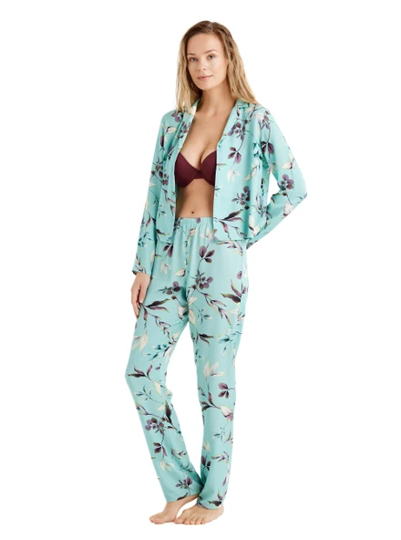 Blackspade 51662 Dokuma Uzun Kollu Kadın Gömlek Pijama Takımı Mint - 5