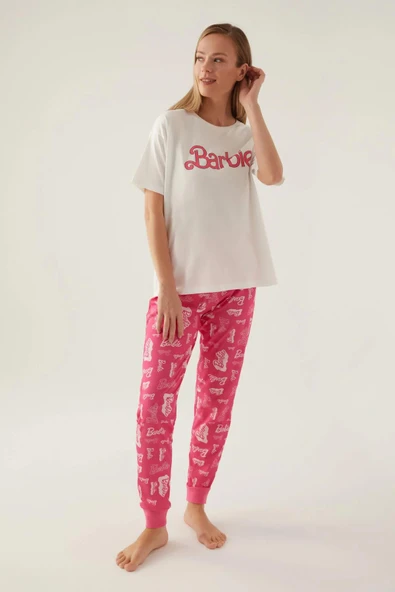 Barbie 1704 Pamuklu Anne Kız Kısa Kollu Kadın Pijama Takımı Beyaz - Resim 3