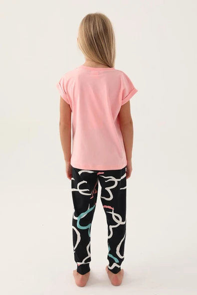 Roly Poly 3399 Pamuklu Anne Kız Kısa Kollu Kız Çocuk Pijama Takımı PEMBE - Resim 4