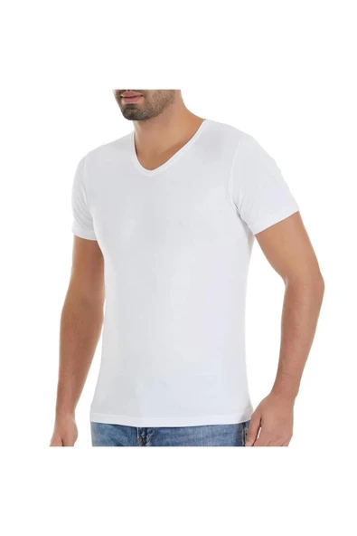 Yıldız 150 Beyaz Modal V Yaka Kısa Kollu Erkek T-Shirt ürün görseli 1