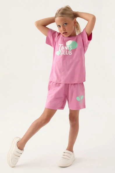 Roly Poly 3380 Pamuklu Kısa Kollu Kız Çocuk Şort Takım PEMBE - 2