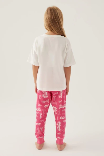 Barbie 1704 Pamuklu Anne Kız Kısa Kollu Kız Çocuk Pijama Takımı Beyaz - Resim 3
