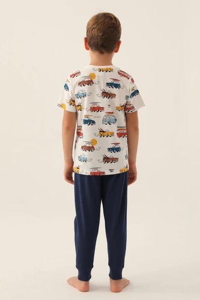 Roly Poly 3358 Pamuklu Desenli Erkek Garson Kısa Kol Pijama Takımı Beyaz - Resim 4